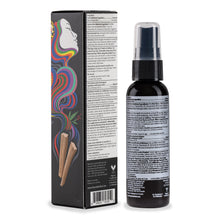 Load image into Gallery viewer, Hey Rebel rebel Amber Sandalwood sanitizer spray and box displayed from behind on white background
